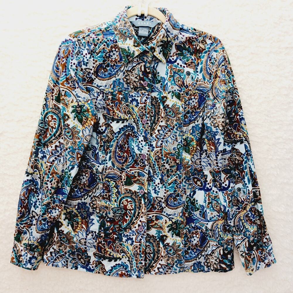 Blouse Button Up Mini Wale Corduroy Paisley Blue Brown Gold Boho Heritage Size M
